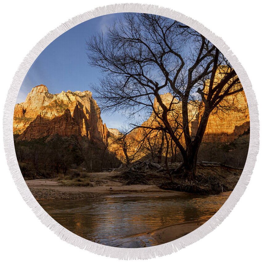 Zion Round Beach Towel featuring the photograph Virgin Reflection by Chad Dutson