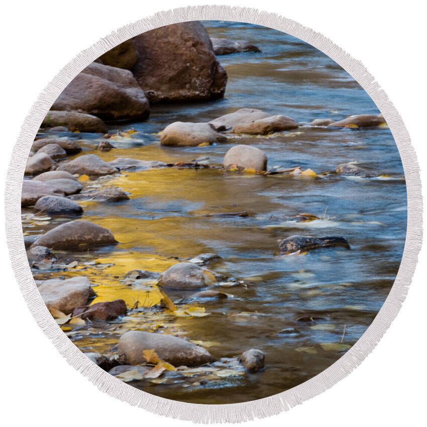 Autumn Round Beach Towel featuring the photograph Virgin River Reflections by Fred Stearns