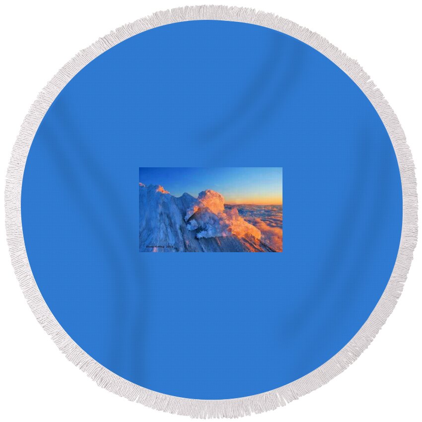Snow Round Beach Towel featuring the painting Volcano in the Winter by Bruce Nutting