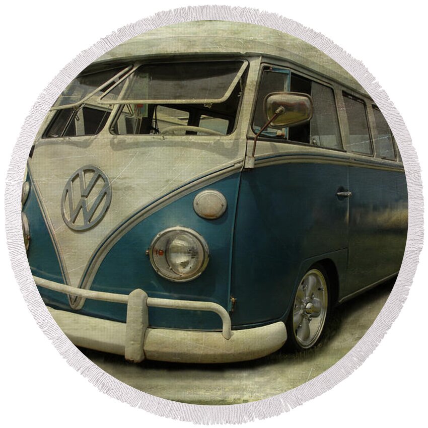 Vw Bus Round Beach Towel featuring the photograph VW Bus On Display by Athena Mckinzie