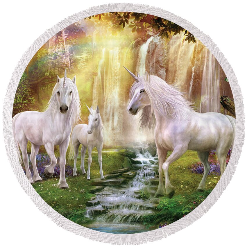 Unicorn Round Beach Towel featuring the photograph Waaterfall Glade Unicorns by MGL Meiklejohn Graphics Licensing