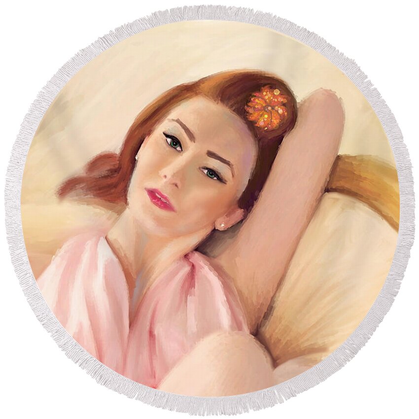 Glamour Round Beach Towel featuring the painting Waiting Glamour by Angela Stanton