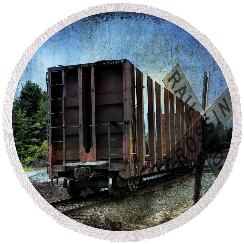 Evie Round Beach Towel featuring the photograph Waiting on the Rails by Evie Carrier