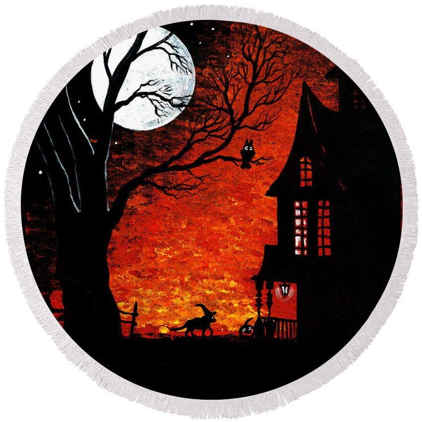 Halloween Round Beach Towel featuring the painting Walk Of The Catwitch by Margaryta Yermolayeva
