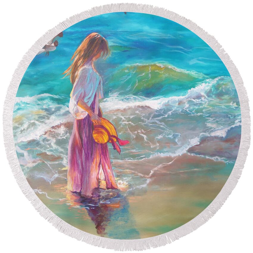 Walking In The Waves Painting Round Beach Towel featuring the painting Walking In The Waves by Karen Kennedy Chatham