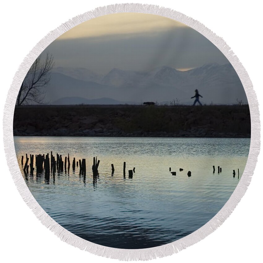 Silhouette Round Beach Towel featuring the photograph Walking the Dog by Steven Krull