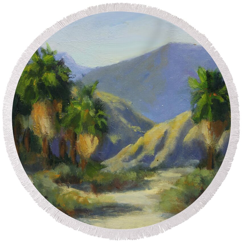 Desert Scene Round Beach Towel featuring the painting California Palms in the Preserve by Maria Hunt