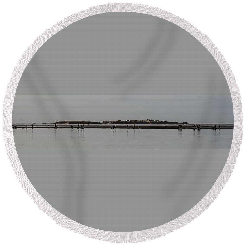 Hilbre Island Round Beach Towel featuring the photograph Walking the Wall by Spikey Mouse Photography