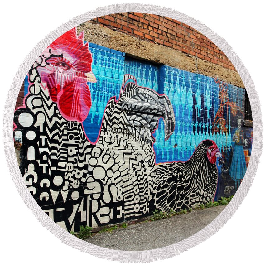 Brick Buildings Round Beach Towel featuring the photograph Wall of Chicken by Jennifer Robin