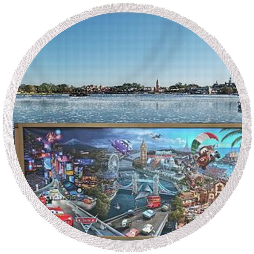 Composite Round Beach Towel featuring the photograph Walt Disney World Cars 2 Digital Art Composite 03 by Thomas Woolworth