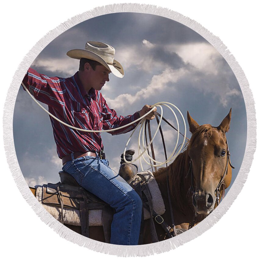 Warming Up To Rodeo Round Beach Towel featuring the photograph Warming Up To Rodeo by Priscilla Burgers