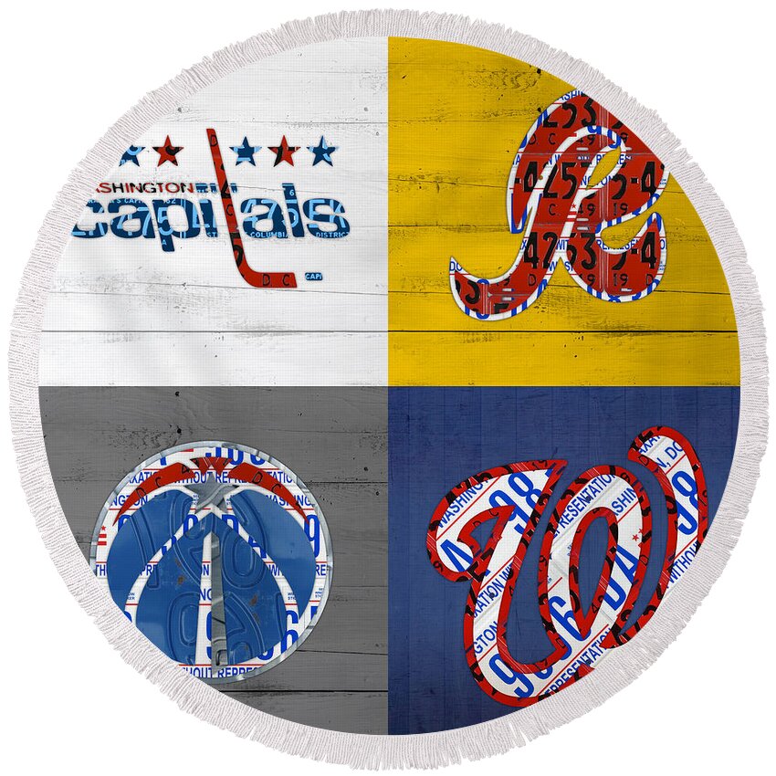 Washington Round Beach Towel featuring the mixed media Washington DC Sports Fan Recycled Vintage License Plate Art Capitals Redskins Wizards Nationals by Design Turnpike