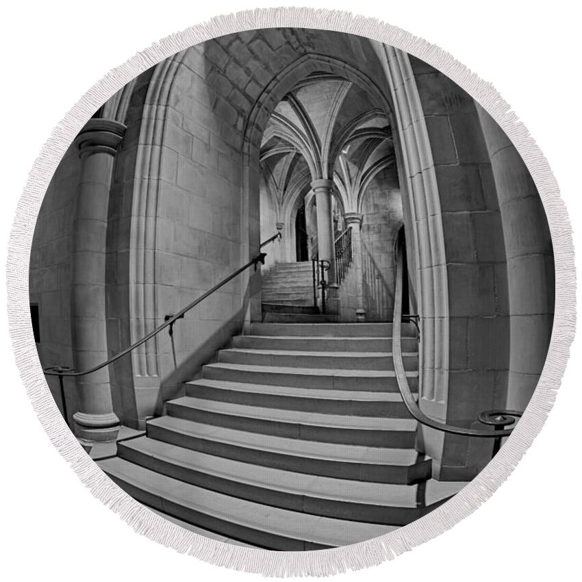 National Cathedral Round Beach Towel featuring the photograph Washington National Cathedral Crypt Level Stairs BW by Susan Candelario