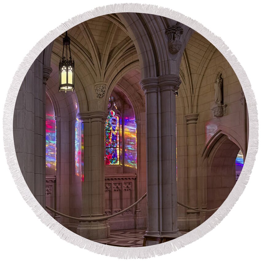 Washington Cathedral Round Beach Towel featuring the photograph Washington National Cathedral Stained Glass Colors by Susan Candelario