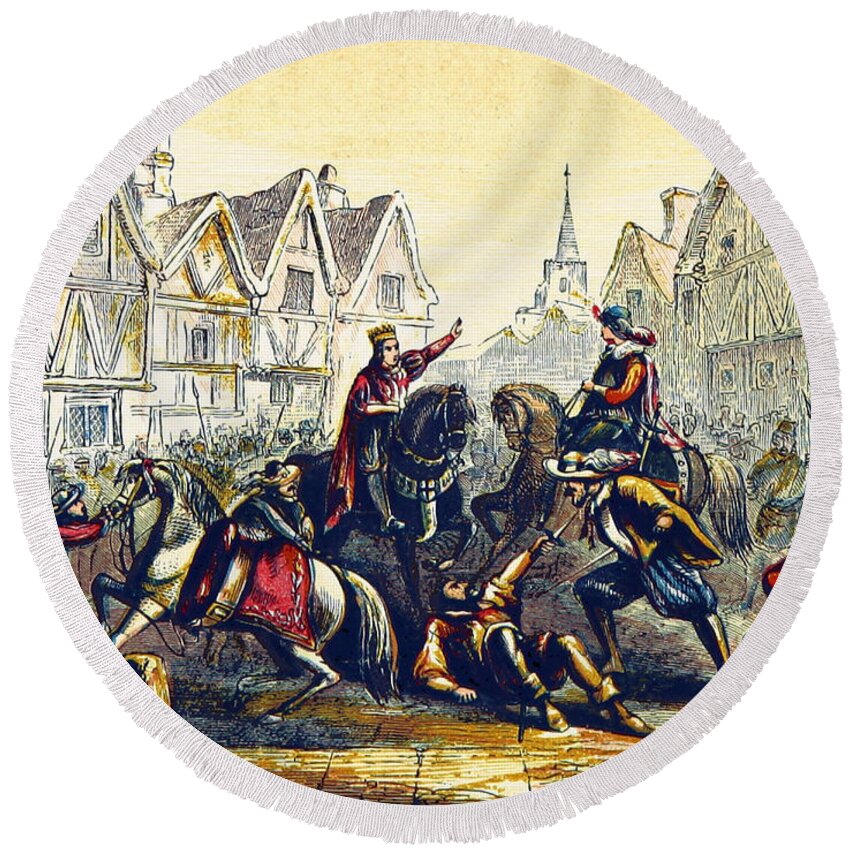 History Round Beach Towel featuring the photograph Wat Tylers Death, The Peasants Revolt by British Library