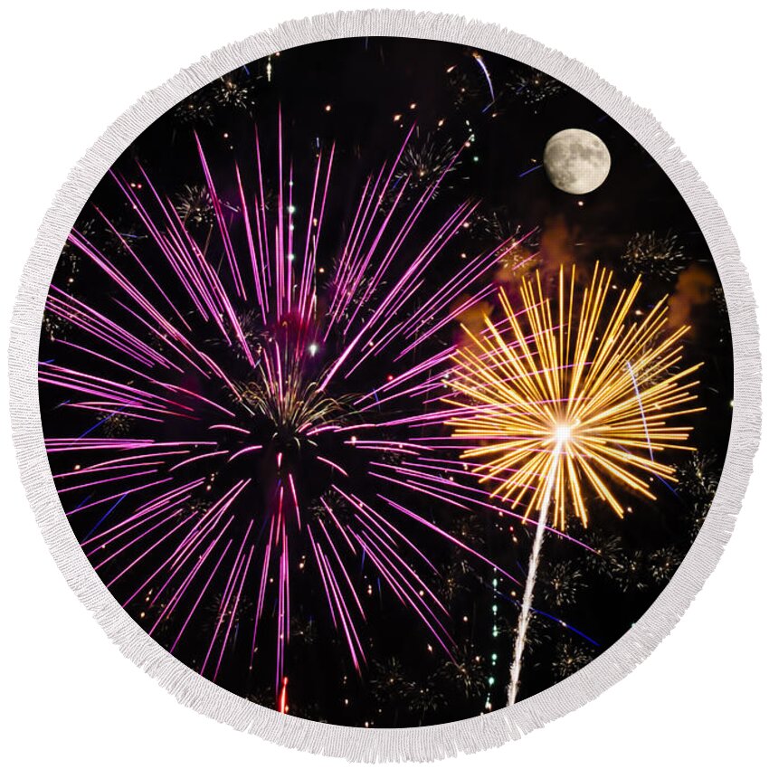 Fireworks Round Beach Towel featuring the photograph Watching Pink and Gold Explosion - Fireworks and Moon II by Penny Lisowski