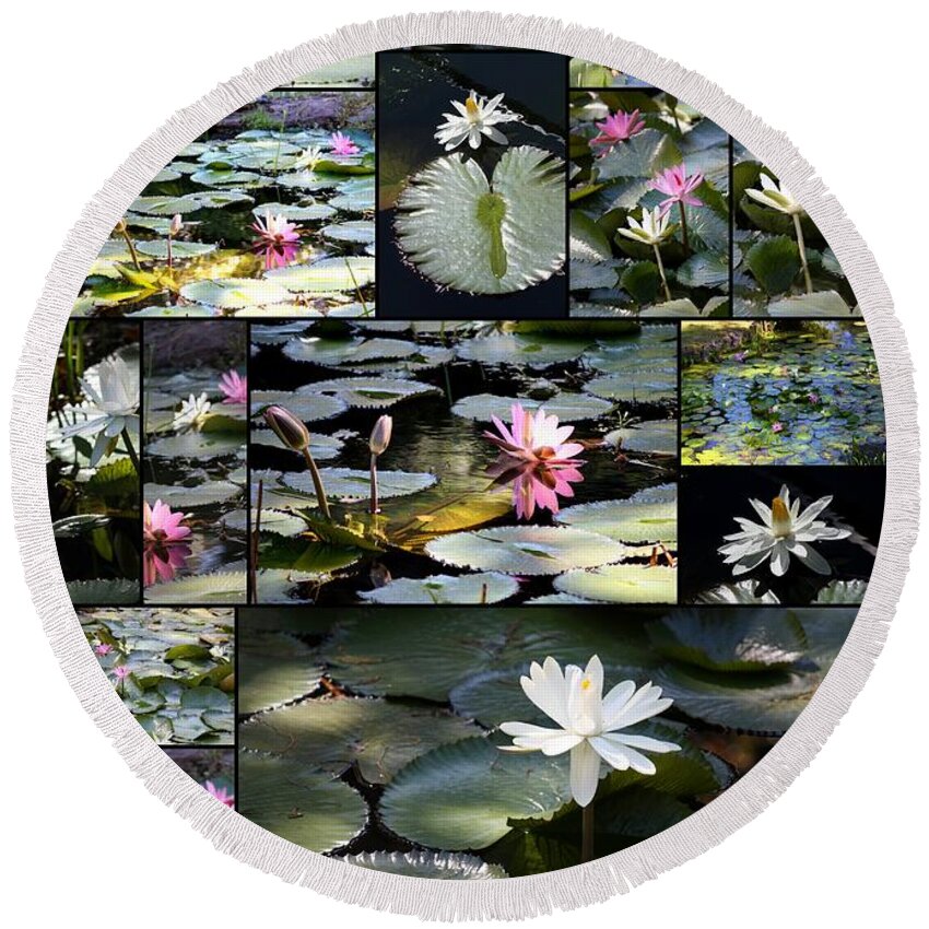 Water Lilies Round Beach Towel featuring the photograph Water Lily Pond Collage 2 by Carol Groenen