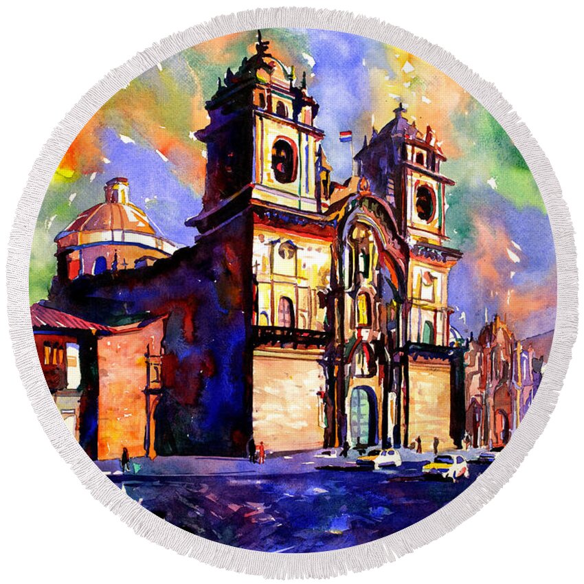  Round Beach Towel featuring the painting Watercolor painting of Church on the Plaza de Armas Cusco Peru by Ryan Fox