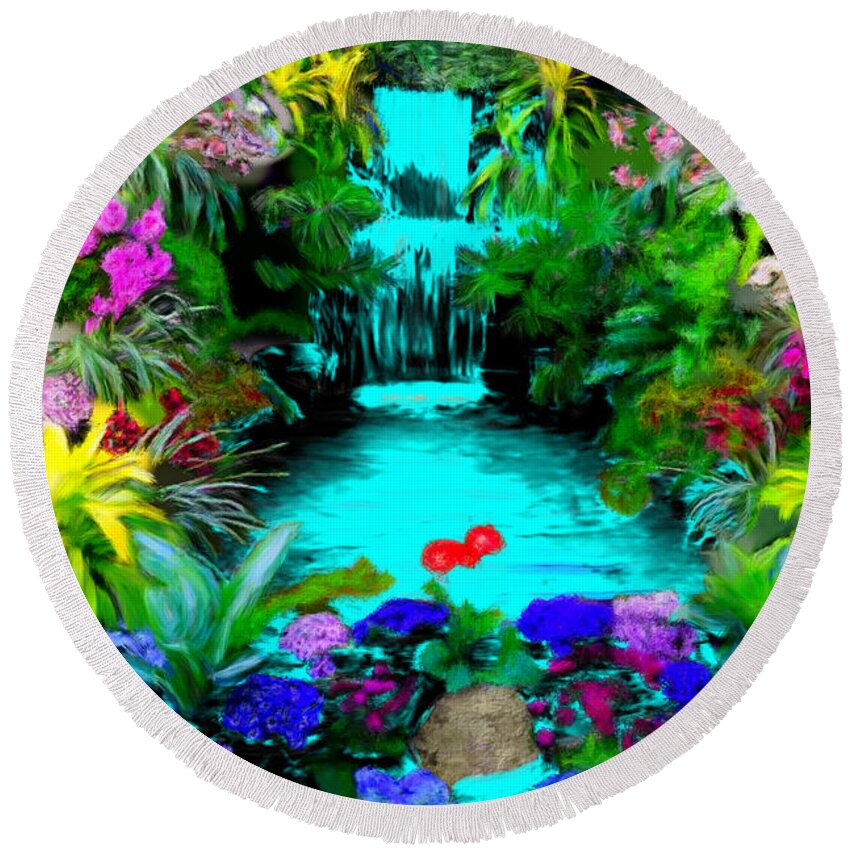 Yellow Round Beach Towel featuring the painting Waterfall Flower Garden by Bruce Nutting
