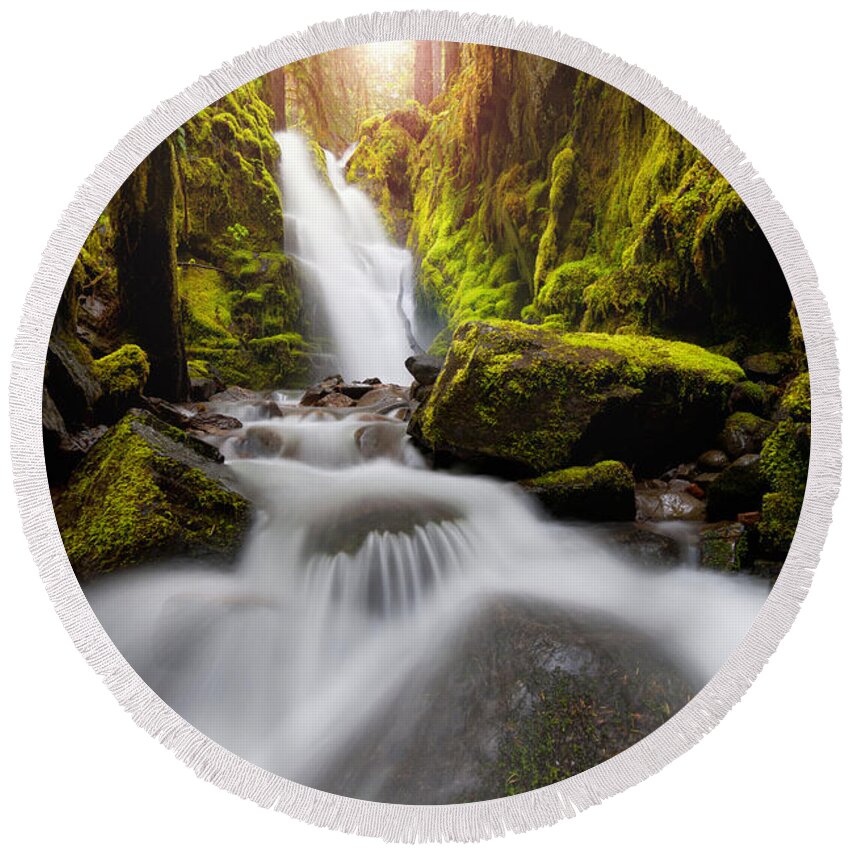 Waterfall Round Beach Towel featuring the photograph Waterfall Glow by Andrew Kumler