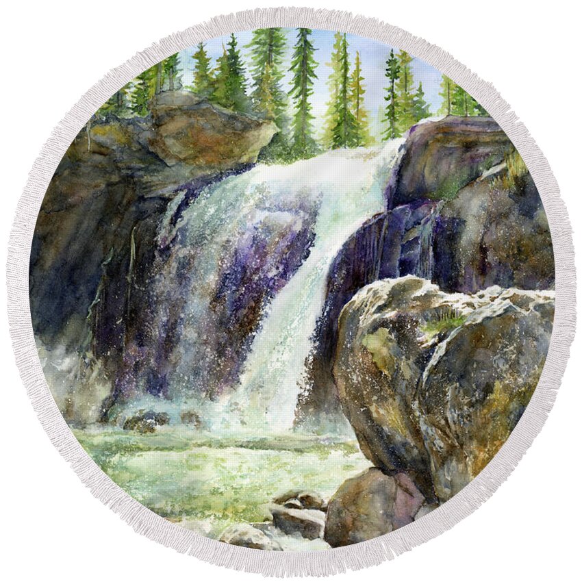 Watercolor Round Beach Towel featuring the painting Waterfall by Hailey E Herrera