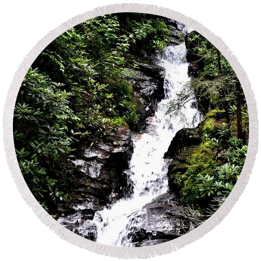 Waterfall Round Beach Towel featuring the photograph Waterfall on the Trail by Tara Potts