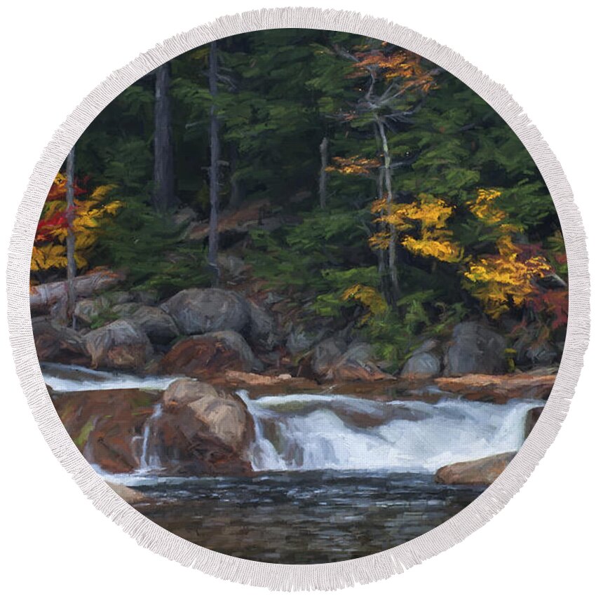 New Hampshire Round Beach Towel featuring the mixed media Waterfall - White Mountains - New Hampshire by Jean-Pierre Ducondi