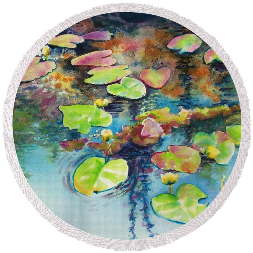 Paintings Round Beach Towel featuring the painting Waterlilies in Shadow by Kathy Braud