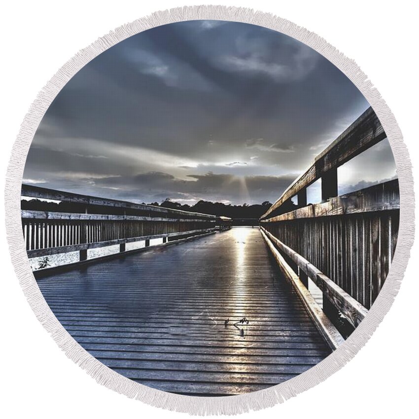 Florida Round Beach Towel featuring the photograph Watson Bayou Pier HDR by Debra Forand