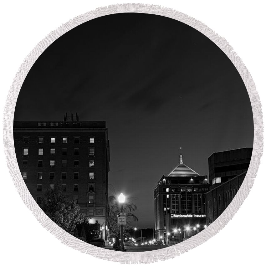 Black And White Round Beach Towel featuring the photograph Wausau After Dark with the Crescent Moon Looking On by Dale Kauzlaric