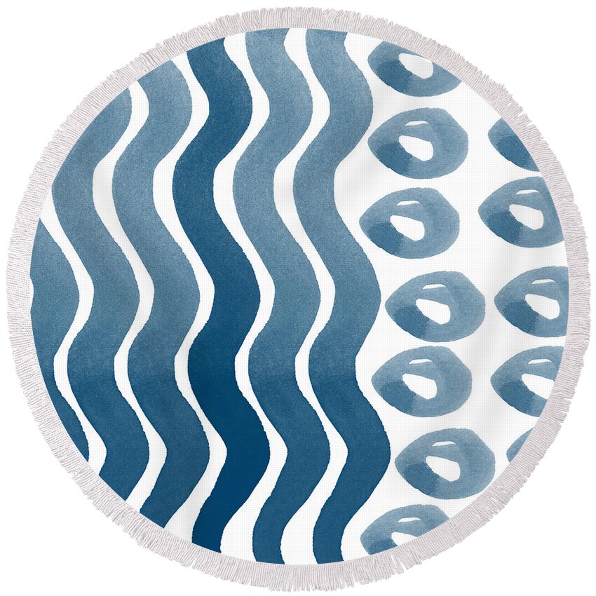 Watercolor Round Beach Towel featuring the painting Waves and Pebbles- Abstract watercolor in indigo and white by Linda Woods