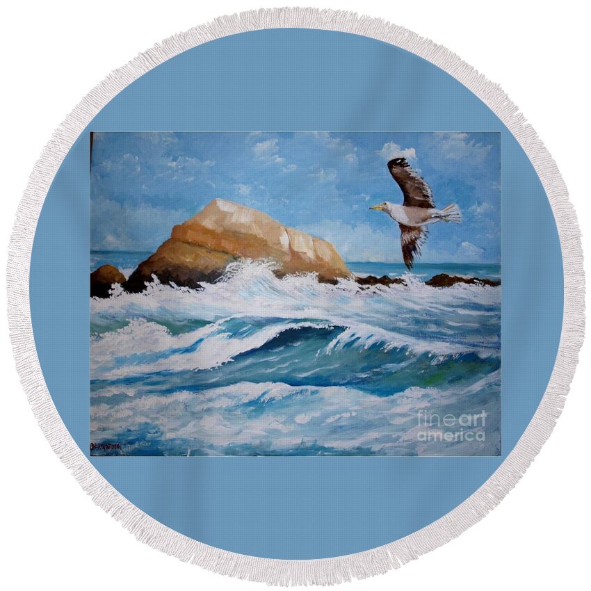 Waves Round Beach Towel featuring the painting Waves of the sea by Jean Pierre Bergoeing
