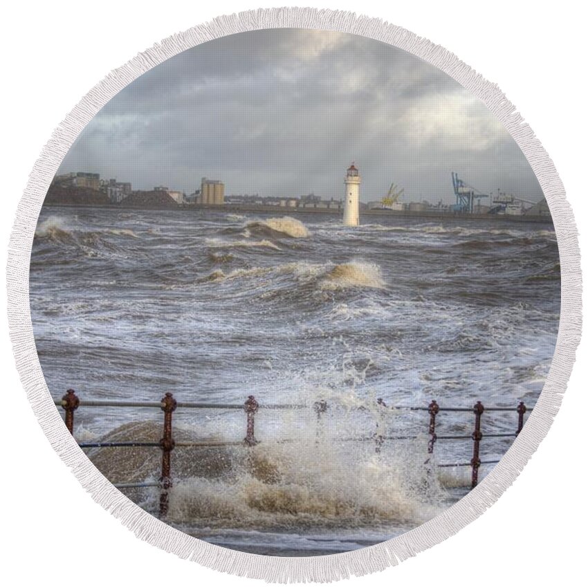 Lighthouse Round Beach Towel featuring the photograph Waves On The Slipway by Spikey Mouse Photography