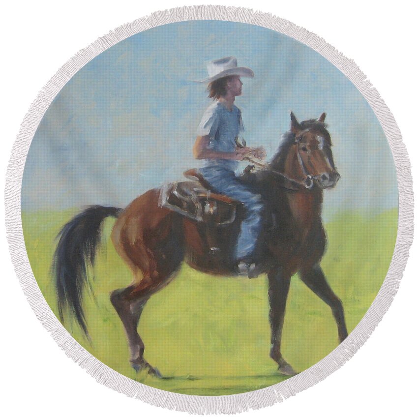 Horse Round Beach Towel featuring the painting We Save Horses Three by Connie Schaertl