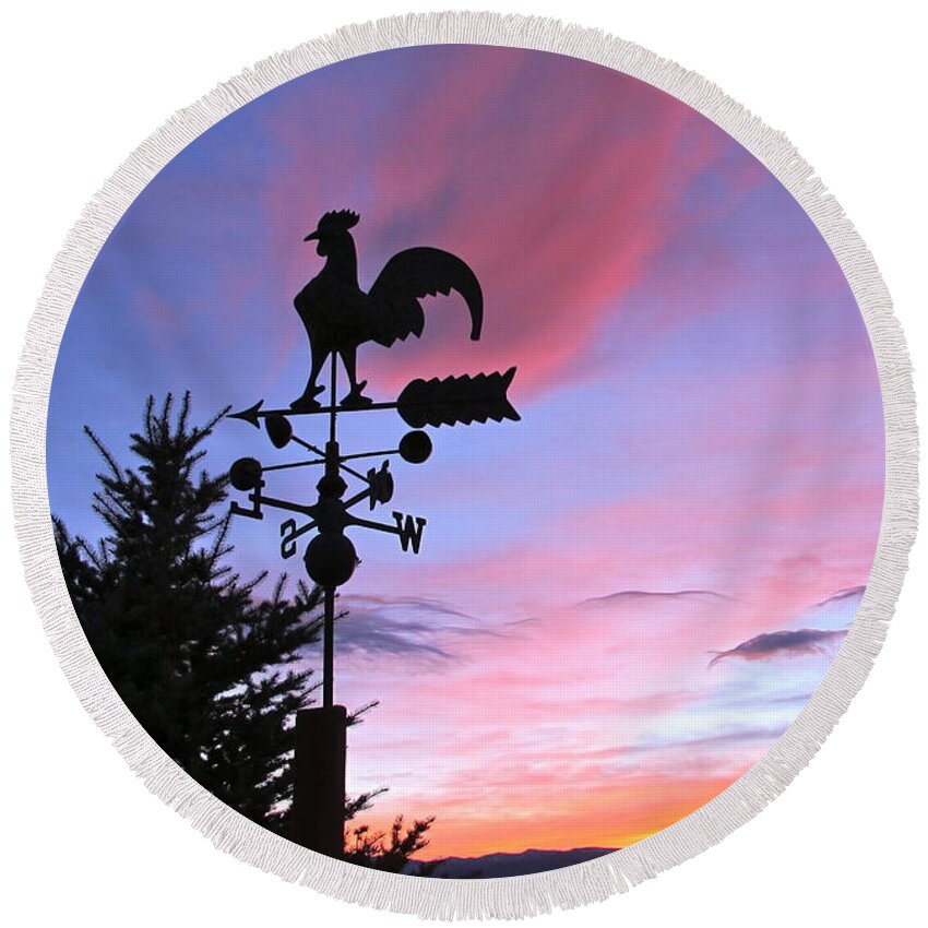 Rooster Round Beach Towel featuring the photograph Weather Vane Sunset by Phyllis Kaltenbach