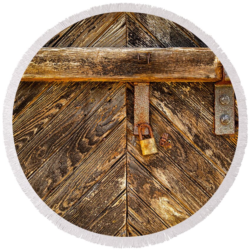 Door Round Beach Towel featuring the photograph Weathered Wood Doors Locked by Steve Stephenson