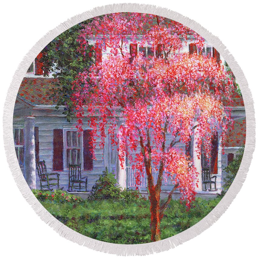 Spring Round Beach Towel featuring the painting Weeping Cherry by the Veranda by Susan Savad