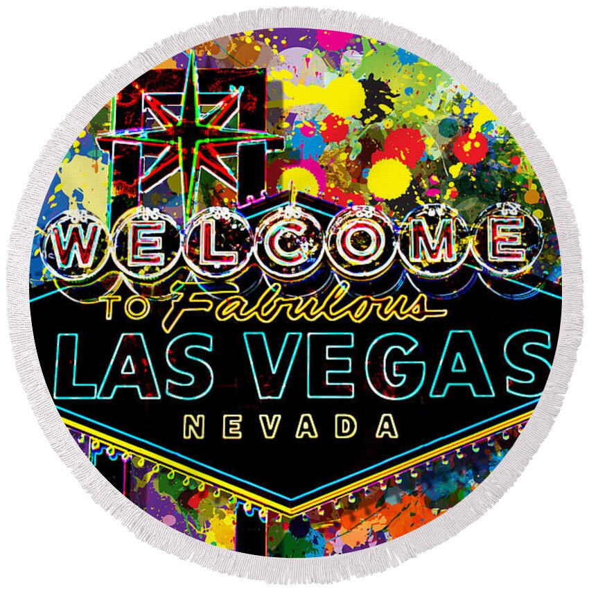 Digital Round Beach Towel featuring the digital art Welcome to Las Vegas by Gary Grayson