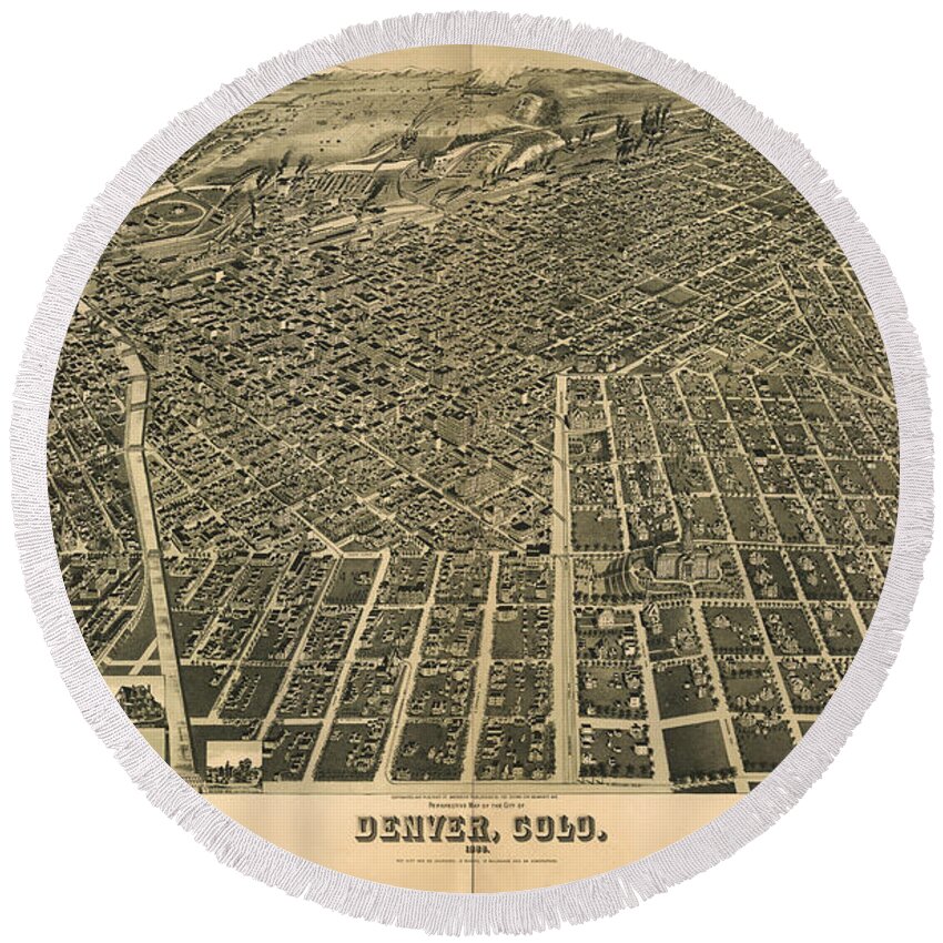 Denver Round Beach Towel featuring the drawing Wellge's Birdseye Map of Denver Colorado - 1889 by Eric Glaser