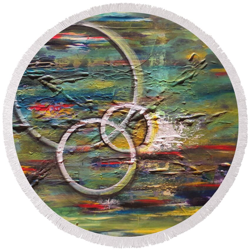 Abstract Round Beach Towel featuring the painting We're Connected by Soraya Silvestri