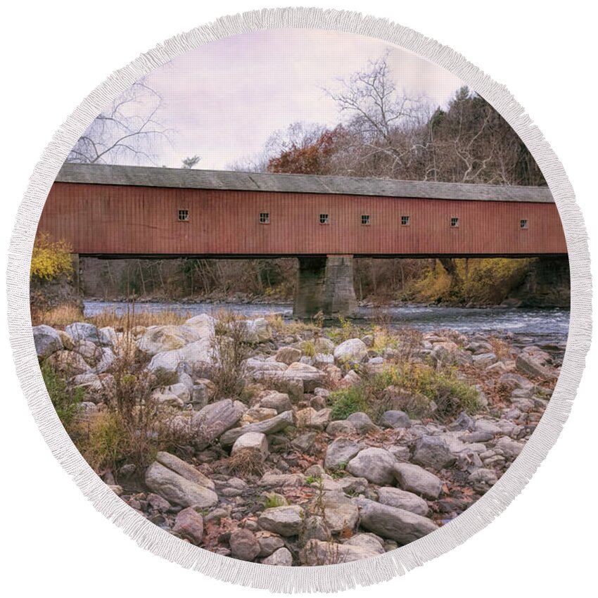 Joan Carroll Round Beach Towel featuring the photograph West Cornwall Covered Bridge by Joan Carroll