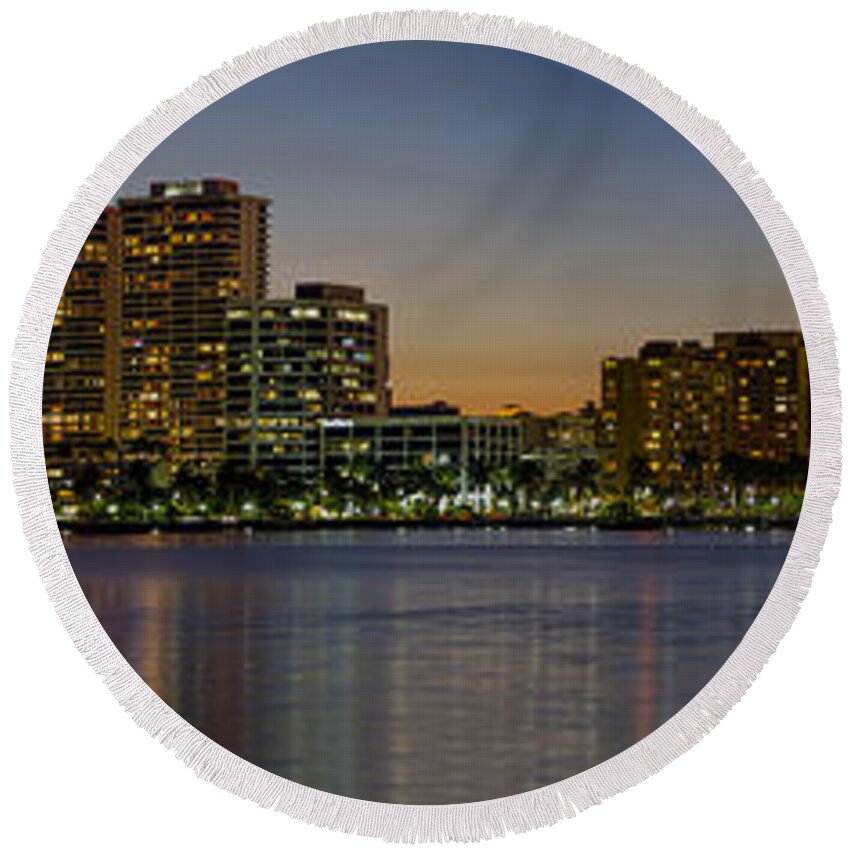 At Round Beach Towel featuring the photograph West Palm Beach at Twilight by Debra and Dave Vanderlaan