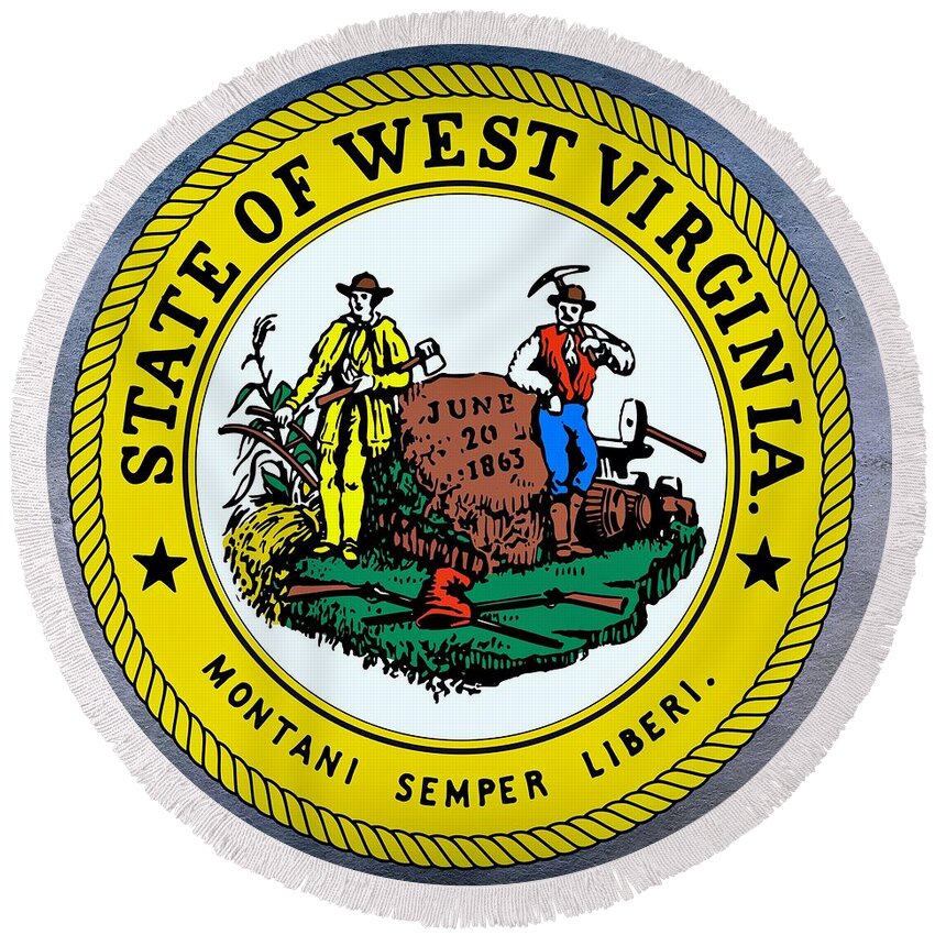 West Virginia Round Beach Towel featuring the digital art West Virginia State Seal by Movie Poster Prints