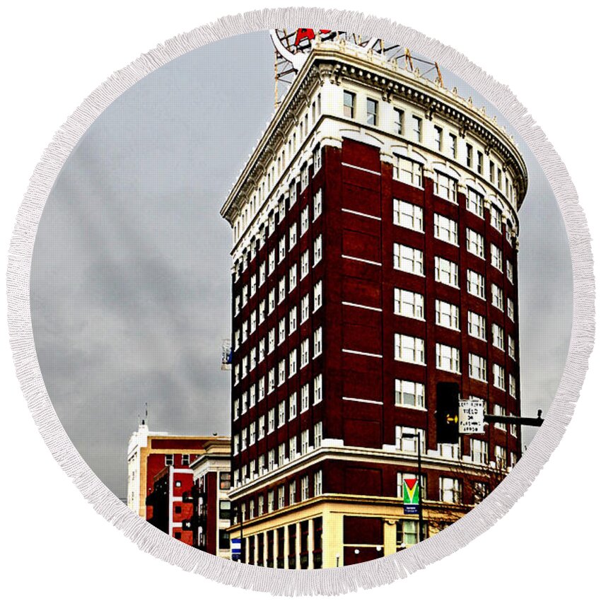 Western Auto Round Beach Towel featuring the photograph Western Auto Building by Christopher McKenzie