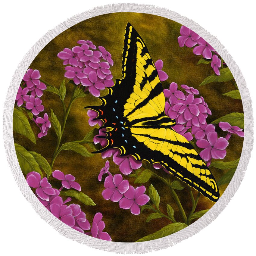 Animals Round Beach Towel featuring the painting Western Tiger Swallowtail and Evening Phlox by Rick Bainbridge