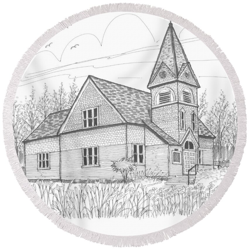 Church Round Beach Towel featuring the drawing Westmore Community Church by Richard Wambach