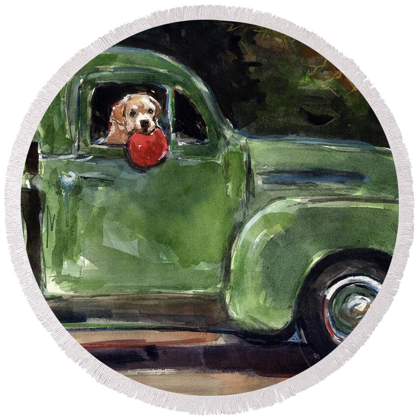 Vintage Truck Round Beach Towel featuring the painting Wham-o by Molly Poole