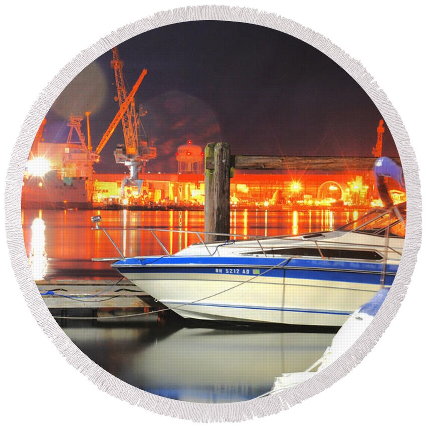 Piscataqua Navy Base Jetty Dock Moored Boats Ships Night River Hdr Portsmouth New Hampshire Round Beach Towel featuring the photograph What are you looking at by Richard Gibb