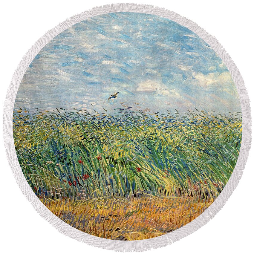 Post-impressionist Round Beach Towel featuring the painting Wheatfield with Lark by Vincent van Gogh