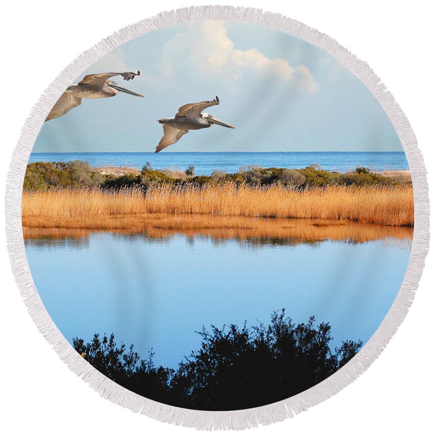 Pelicans Round Beach Towel featuring the photograph Where The Marsh Meets The Atlantic by Kathy Baccari